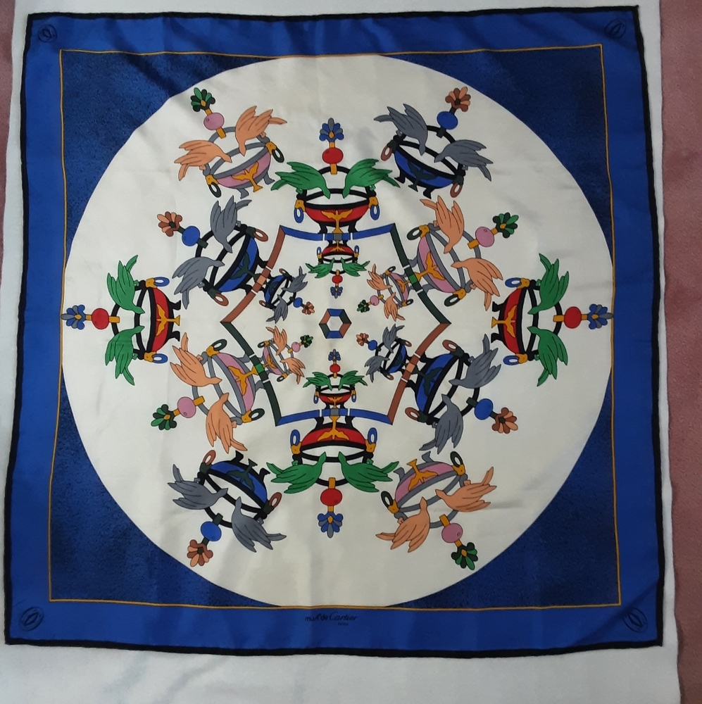 Cartier Authentic Vintage Silk Twill Bird Bath Theme Scarf/Wrap